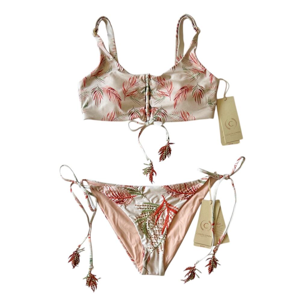 Cosita Linda Beachwear Bikini Set M – Lace-Up Top & Tie Side Bottoms, Beige Palm